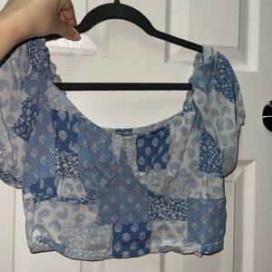 Hollister Blue and White Patchwork Blouse